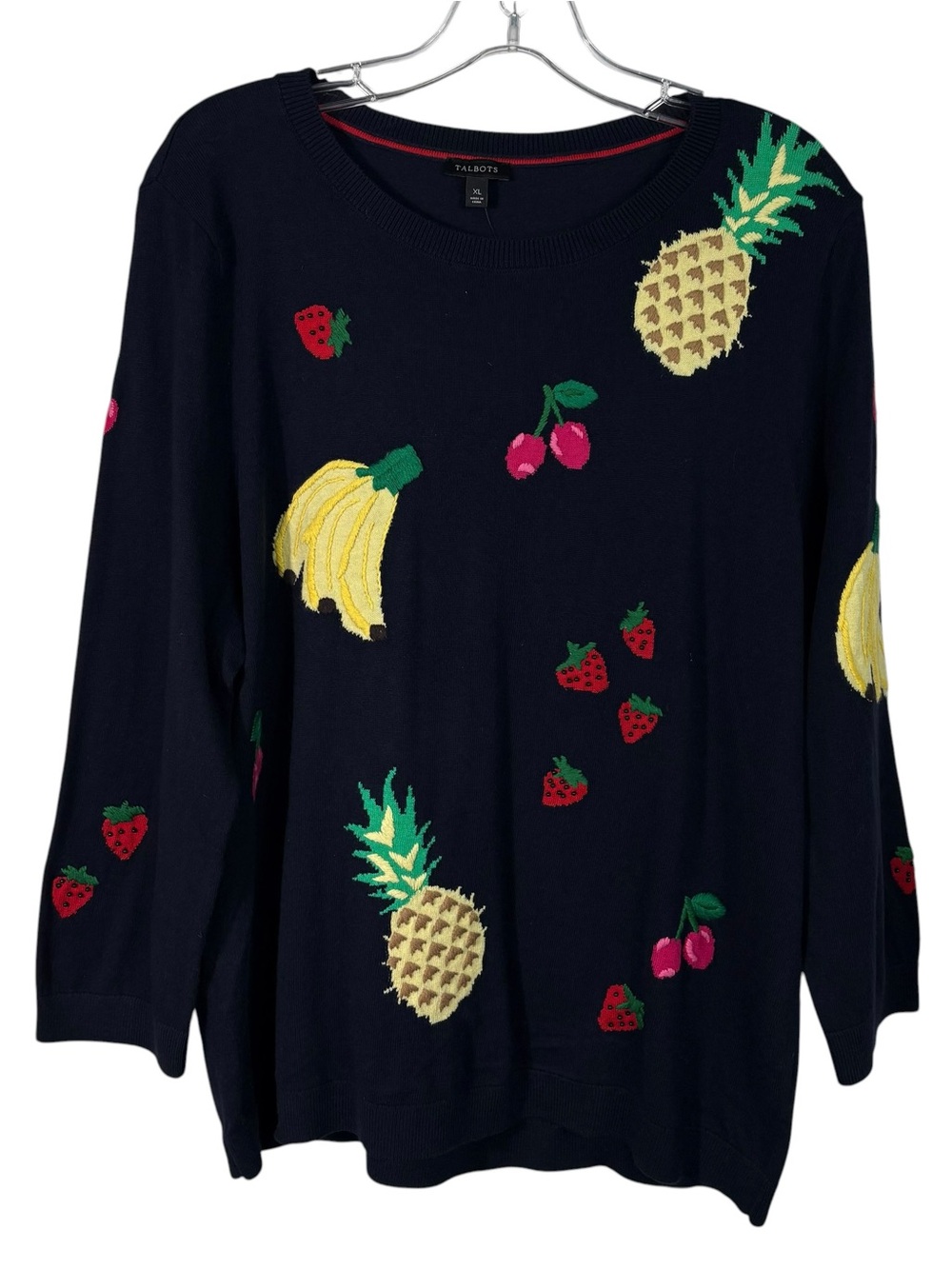 Talbots Navy Blue Textured Embroidered Beaded Fruit Print Sweater NWT XL Novelty